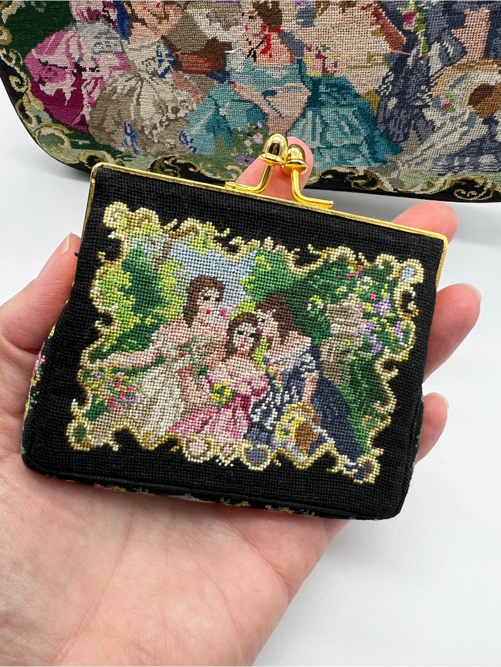 Vintage Tapestry Handbag & Matching Coin Purse Kiss Lock Gold Tone Chain - Picture 5 of 11